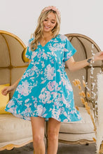 BiBi Floral Crinkle Shirred Ruffle Detail V Neck Dress SOFT BLUE