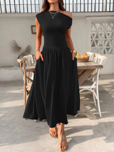 Single Shoulder Dress with Pockets Black
