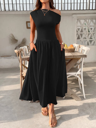 Single Shoulder Dress with Pockets Black
