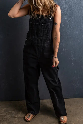 Pocketed Straight Denim Overalls Black Denim Overalls