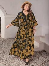 Plus Size Lace Detail Tropical Print Three-Quarter Sleeve Maxi Dress Camel