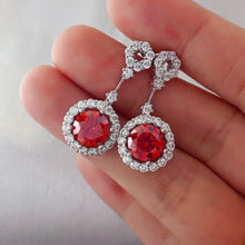 4 Carat Ruby Red Crystal Drop Earrings with Rhinestone Halo