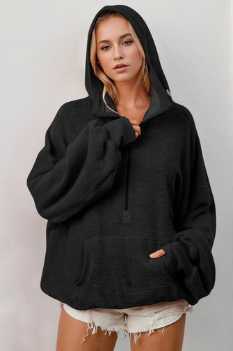 Double Take Full Size Half Zip Long Sleeve Hoodie with Kangaroo Pocket Black