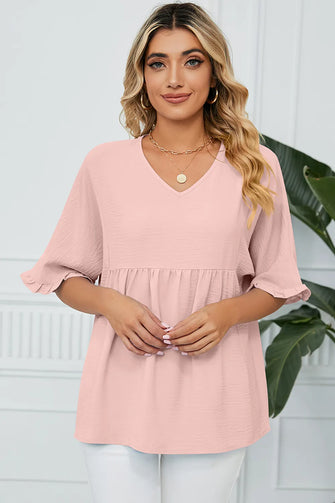 Peplum V-Neck Half Sleeve T-Shirt Watermelon pink