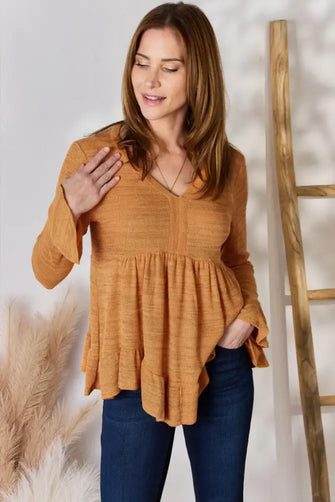 Hailey & Co Full Size V-Neck Flounce Sleeve Blouse RUST Woman Blouses