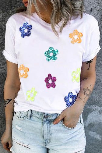 Sequin Flower Round Neck Short Sleeve T-Shirt White