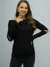 Shiny Full Size Off-Shoulder Cutout Fringe Hem Top Black Woman Blouses