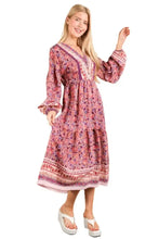 VERY J Floral Printed Boho V-Neck Balloon Sleeve Dress Casual Dresses