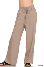 Cocoa-colored zenana linen drawstring wide-leg pants with elastic waistband designed for comfort and style