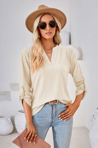 V-Neck Roll-Tap Sleeve Blouse Ivory Woman Blouses