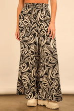 Very j full size printed wide leg pants in black and cream abstract leaf pattern with elastic waistband for plus size