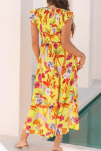 Cheetah Plant Print Shirred Button V Neck Maxi Dress