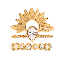 3 Piece Stainless Steel Rhinestone Sunburst Crown Ring