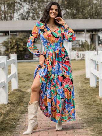 Printed Smocked Tie Neck Balloon Sleeve Maxi Dress Multicolor