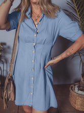 Denim Pleated Slim Waist Short Sleeve Shirt Dress