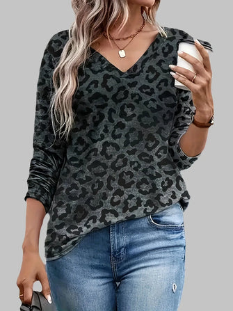 Leopard V-Neck Long Sleeve T-Shirt Black