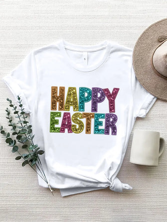 HAPPY EASTER Round Neck Short Sleeve T-Shirt White