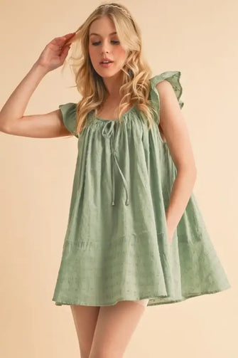 Aemi+Co Ruffled Cap Sleeve Cotton Tunic Mini Dress PISTACHIO Casual Dresses