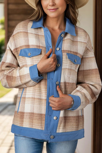 Contrast Trim Plaid Collared Neck Shacket Camel