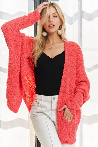 ADORA Popcorn Knit Open Front Long Sleeve Cardigan Coral One Size