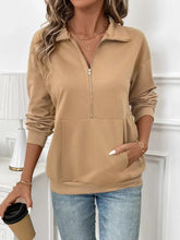 Half Zip Kangaroo Pocket Long Sleeve Sweatshirt Camel Woman Sweatshirts