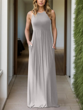 Full Size Grecian Neck Dress with Pockets Light Gray