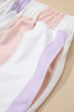 Stripe multicolored print drawstring loose pants with pastel-striped bands in soft white blush pink and lavender colors