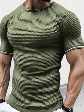 Men's Plus Size Texture Round Neck Contrast Trim T-Shirt Army Green