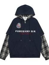 Men's Plaid Sleeve Patchwork Letter Zip-Up Hoodie Blue