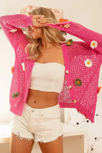 Hot pink open knit sweater cardigan with bibi flower patches