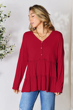 Double Take Half Button Long Sleeve Ruffle Hem Blouse Woman Blouses