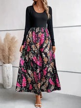 Floral Round Neck Long Sleeve Maxi Dress Black