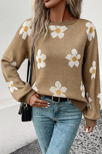Perfee Floral Dropped Shoulder Sweater Khaki