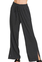 Black zenana linen drawstring wide-leg pants with elastic waistband and side slits for comfortable wear care instructions included