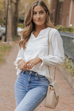 Openwork Notched Flounce Sleeve Blouse White Woman Blouses