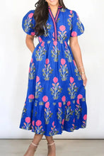 Floral Puff Short Sleeve Notched High Waist Dress Casual Dresses