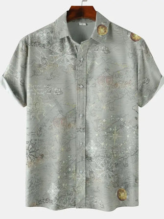 Men's Vintage Map Print Short Sleeve Button Down Shirt Sage Mens Tops