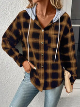 Plaid Drawstring Button Up Hooded Jacket Tan Woman Outerwear
