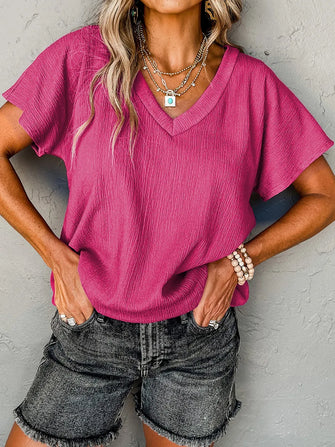 Textured V-Neck Short Sleeve T-Shirt Hot Pink