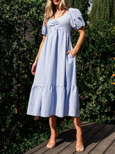 Striped Sweetheart Neck Puff Sleeve Midi Dress Casual Dresses
