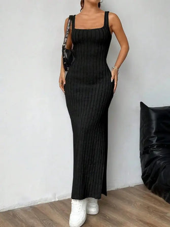 Cutout Square Neck Wide Strap Knit Dress Black Casual Dresses