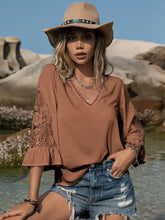 Openwork V-Neck Flounce Sleeve Blouse Chestnut Woman Blouses
