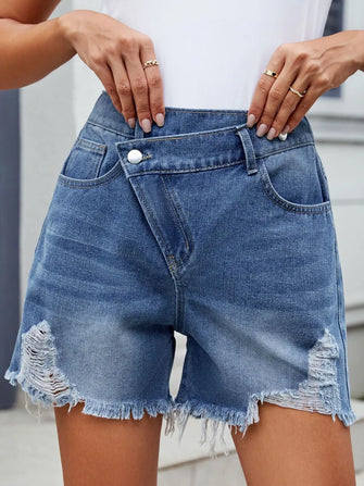Distressed Raw Hem Asymmetrical Waist Denim Shorts Medium