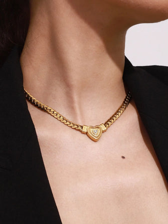 18K Gold-Plated Inlaid Zircon Heart Chain Necklace Gold One Size