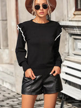 Round Neck Ruffle Trim Long Sleeve Pullover Sweater Black Sweater Pullovers