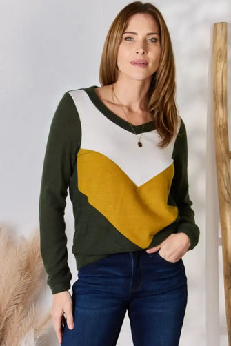 Hailey & Co Full Size Colorblock V-Neck Blouse Olive Woman Blouses