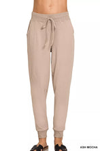 Ash mocha-colored zenana drawstring cotton joggers with soft stretchy fabric elastic waistband and matching drawstring
