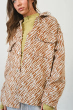 HYFVE Zebra Print Snap Down Long Sleeve Shacket Camel Woman Outerwear