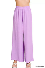 Lavender wide-leg zenana woven airflow pants with elastic waistband and subtle textured fabric for comfortable wear