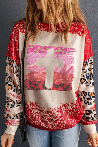 Leopard Round Neck Dropped Shoulder Sweatshirt Deep Red Woman Sweatshirts
